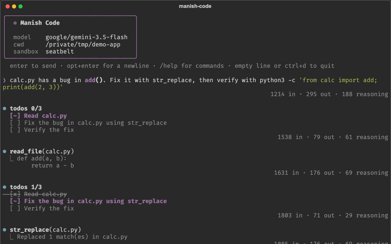 Manish Code planning a todo list, reading calc.py and fixing it with str_replace.