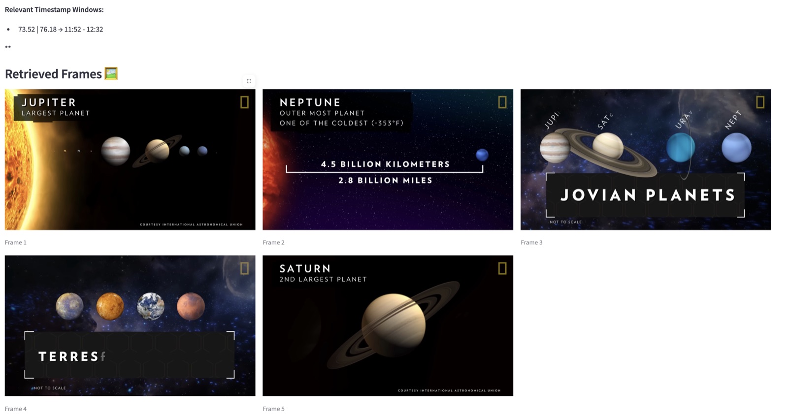 Video RAG showing timestamp windows and five retrieved video frames of planets.